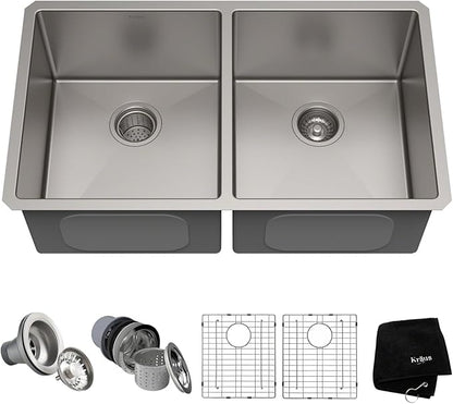 KRAUS Standart Pro 33 -inch Undermount 50/50 Double Bowl 16 Gauge Stainless Steel Kitchen Sink, KHU102-33