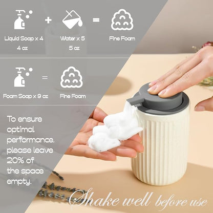 Beige Ceramic Foaming Soap Dispenser 2 Pack, Speckled Rippled 12 oz Bottle - Image 3