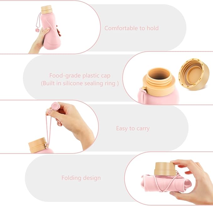 Collapsible Water Bottles,650ml,Leak Proof,Reuseable BPA Free Silicone Foldable Water Bottles,Durable Lightweight for Travel Gym Camping Hiking,Compact Size Portable Sports Water Bottle (Pink)