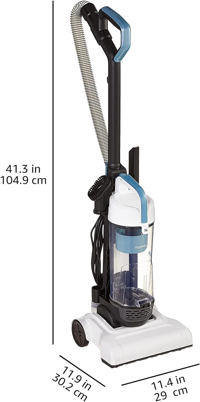 Amazon Basics Upright Bagless Vacuum Cleaner for Carpet and Hard Floors, With Crevice and Upholstery Tools, Detachable Handle, Lightweight (8.4 lbs), 1.7L Dust Cup, 720W, 25ft Cord, Black/White
