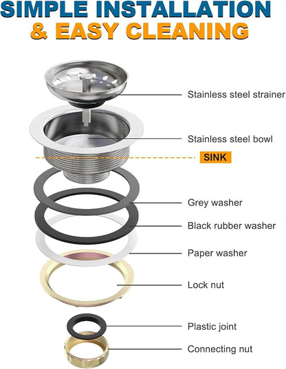 BOTEMY Stainless Steel Sink Drain Strainer Kit 3-1/2 inch Kitchen Drain Assembly - Image 6