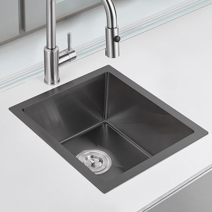 POPFLY 15×17 Inch Black Bar Sink,304 Stainless Steel Single Bowl 8 Inch Deep Laundry Sink Rv, Undermount Small Kitchen Sinks