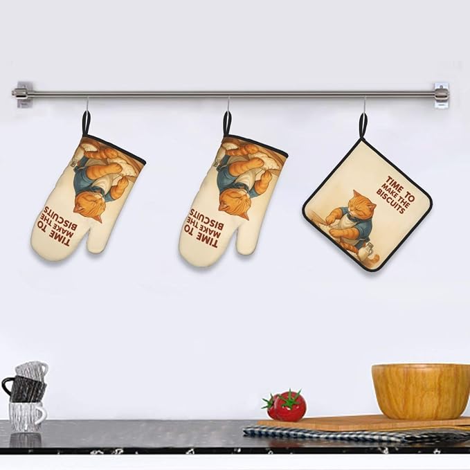 Cute Cat Oven Mitts and Pot Holder Set, Funny Heat Resistant Kitchen Gloves Hot - Image 2