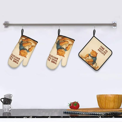 Cute Cat Oven Mitts and Pot Holder Set, Funny Heat Resistant Kitchen Gloves Hot - Image 2