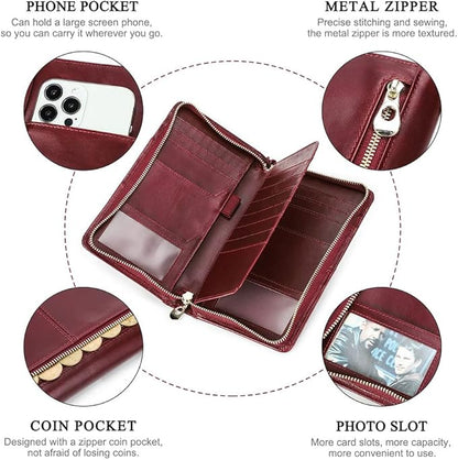 CONTACTS Travel Passport Wallet for 4 Women Leather Passport Holder RFID Blocking Card Organizer Large Capacity Wristlet Clutch Purse Red with 13 Card Slot