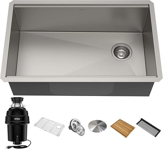 KRAUS Kore Workstation 30-inch Undermount 16 Gauge Stainless Kitchen Sink, Single Bowl Kitchen Sink with 1 HP Garbage Disposal,KWU110-30-100-100MB