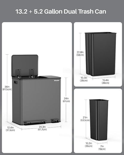 Dual Trash and Recycling Bins for Kitchen, 13.2 + 5.2 Gal Stainless Steel Trash - Image 6