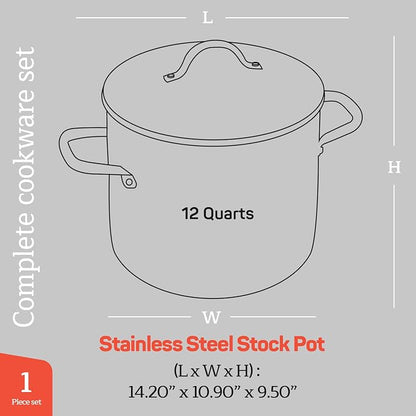 Stainless Steel Stockpot with Tempered Glass Lid 12 Quart, Durable 18/0 - Image 2