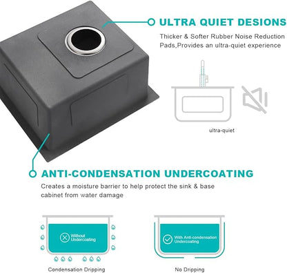 15 inch Undermount Bar Sink, Stainless Steel Handmade Single Bowl Kitchen Sink Undermount, D15" x W17" x H8"