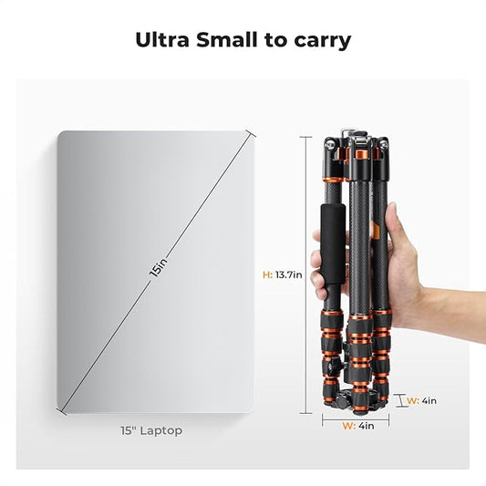 K&F Concept 60 inch Carbon Fiber Camera Tripod,Super Lightweight Compact Travel Tripod with 360 Degree Ball Head,Quick Release Plate, Detachable Monopod, 17 lb Load Capacity for SLR DSLR, A225C0+BH25L