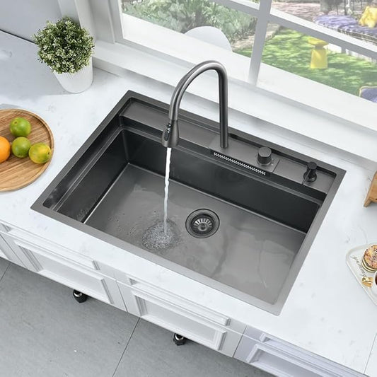33 Inch Black Waterfall Kitchen Sink Workstation -Bokaiya 33x19 Drop In Kitchen Sink with Faucet Black Stainless Steel Waterfall Sink 16 Gauge Single Bowl Modern Kitchen Sinks with Cutting Board