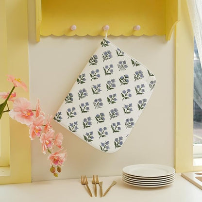Vintage Blue Sage Green Floral Dish Drying Mat 18 x 24 Inch Block Print Floral - Image 3