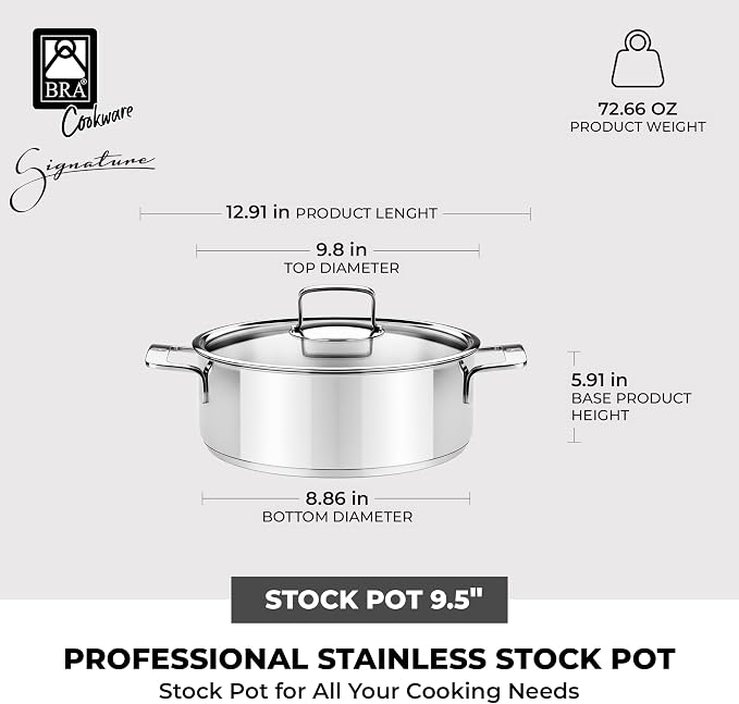 BRA COOKWARE Signature Stainless Steel Stock Pot w/Glass Lid | 9.5 Inch 4 Quart - Image 2