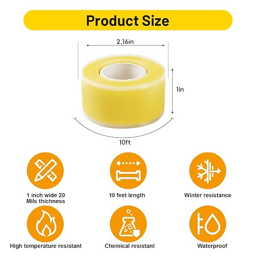 Self Fusing Silicone Tape 2 Rolls 1 in x 10' Yellow Waterproof Rescue Tape - Image 2