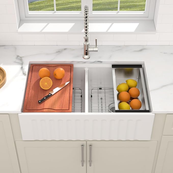 Dcolora Farmhouse Sink Double Bowl, White Kitchen Sink 33 Inch Farm House Workstation Ceramic Apron Front Country Sinks #DC-A8879, 33"x20"x10"