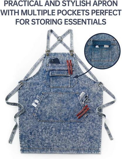 Denim Apron with Pockets for Hair Stylist Gardening Craftsmen Barista Women - Image 8