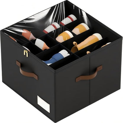 Shoe Organizer for Closet, Foldable Shoe Storage Containers, Fits up to 16 Pairs, Large Shoe Storage Organizer Box Cubby Baskets Bins with Clear Cover and Reinforced Handles, Black