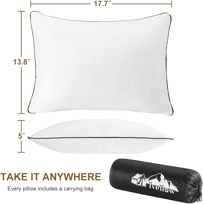 Ivellow Travel Pillow Cooling Camping Pillow for Sleeping Compressible Shredded Memory Foam Pillow Compact Firm Supportive Pillow for Adults Kids Outdoor Backpacking Hiking Essential Gear White L