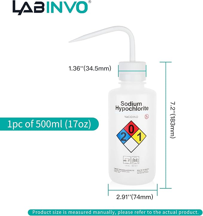 Sodium Hypochloride Wash Bottles, Narrow Mouth, Self-Venting Safety Wash Bottles - Image 3