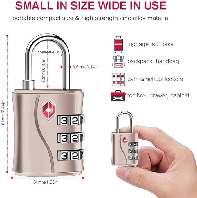 ZHEGE TSA Approved Locks, Luggage Locks, 3 Dial TSA Lock for Suitcases, Backpack, Baggage (Rose Gold)