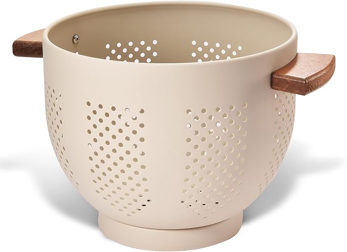 Metal Colander with Wood Handle and Stable Base, Powder Coated Steel Kitchen by Unknown