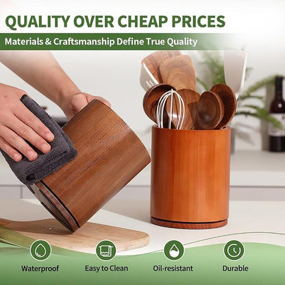 Wooden Utensil Holder, 360°Rotating 7.3'' Large Utensil Holder - Image 4