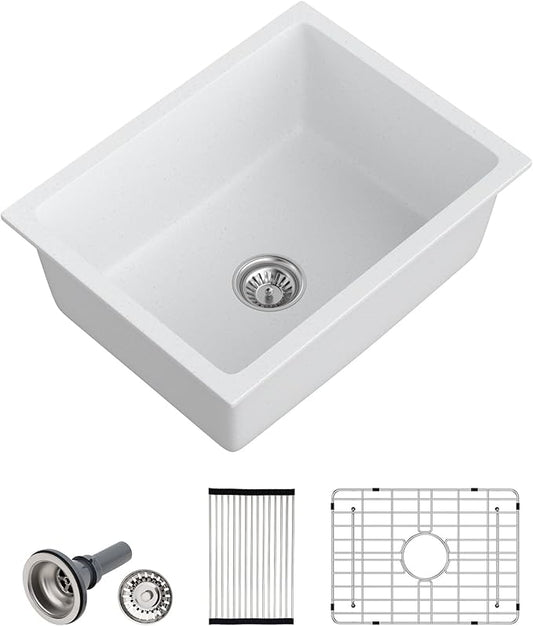 Dcolora 22 Inch Undermount Wet Bar Sink Single Bowl Modern Kitchen Sink White Granite Composite Deep Prep Small Sinks 22"×17"×9",DC-GUW003