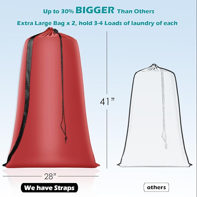 Heavy Duty Laundry Bag 2 Pack XL Nylon Laundry Bags with Straps, Washable Large Dirty Clothes Organizer with Drawstring Closure, Travel Washing Bag Fit a Laundry Hamper or Basket
