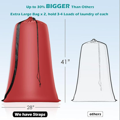 Heavy Duty Laundry Bag 2 Pack XL Nylon Laundry Bags with Straps, Washable Large Dirty Clothes Organizer with Drawstring Closure, Travel Washing Bag Fit a Laundry Hamper or Basket