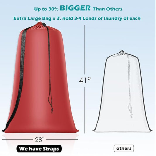 Heavy Duty Laundry Bag 2 Pack XL Nylon Laundry Bags with Straps, Washable Large Dirty Clothes Organizer with Drawstring Closure, Travel Washing Bag Fit a Laundry Hamper or Basket