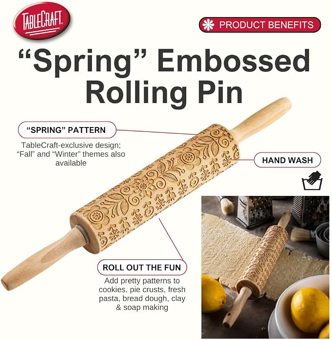 TableCraft Embossed Beech Wood Rolling Pin – 15.25 Inches, Snowflake Imprint - Image 2