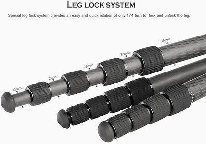 Leofoto Professional Camera Tripod, 63.9" Compact Carbon Fiber Tripod for DSLR Video Camcorder, 5 Leg Sections, 360° Ball Head, Max Load 20KG/44Lb (LS-365CX+LH-47LR)
