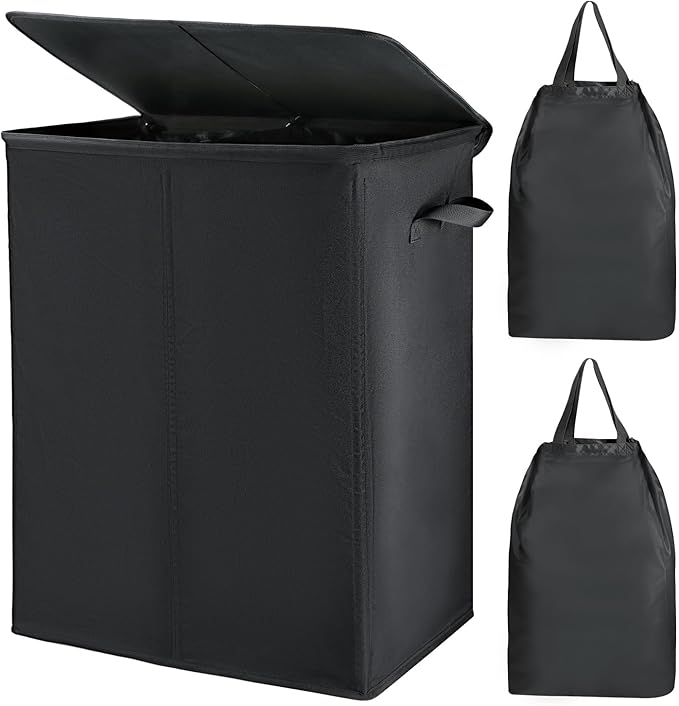 Voova 154L Double Laundry Hamper with Lid and 2 Removable Laundry Bags, Large Collapsible 2 Dividers Dirty Clothes Basket with Handles for Laundry Room, Bedroom, Bathroom, College Dorm, Black