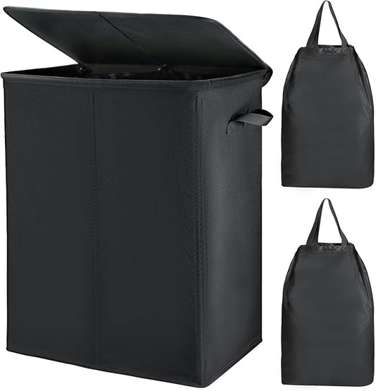 Voova 154L Double Laundry Hamper with Lid and 2 Removable Laundry Bags, Large Collapsible 2 Dividers Dirty Clothes Basket with Handles for Laundry Room, Bedroom, Bathroom, College Dorm, Black