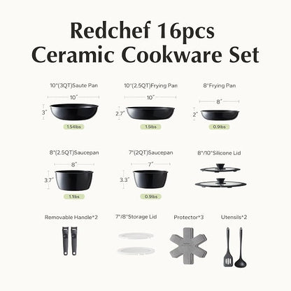 Redchef 16pcs Ceramic Pots and Pans Set Non Stick, Nonstick Kitchen Cookware Set - Image 9