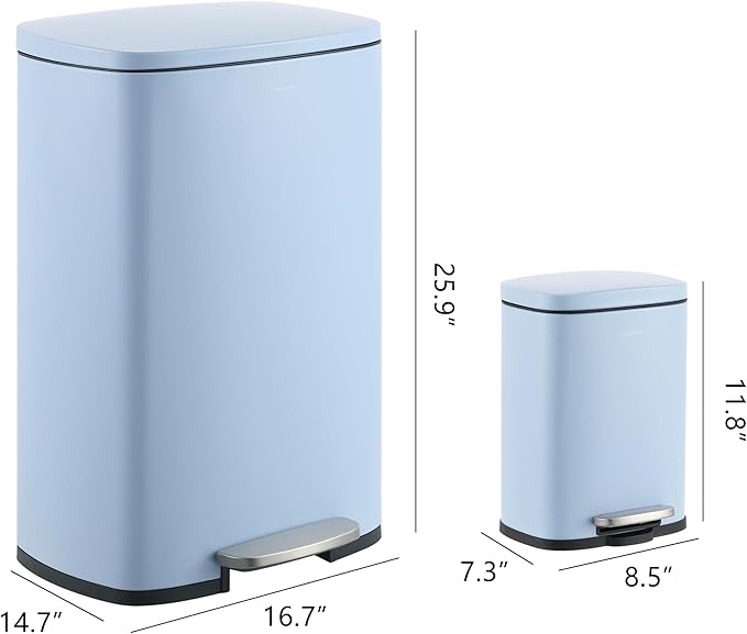 happimess HPM1006H Connor Rectangular 13-Gallon Trash Can with Soft-Close Lid and Free Mini Trash Can, Fingerprint Resistant, Modern, Minimalistic for Home, Kitchen, Office, Bathroom, Tide Pool Blue
