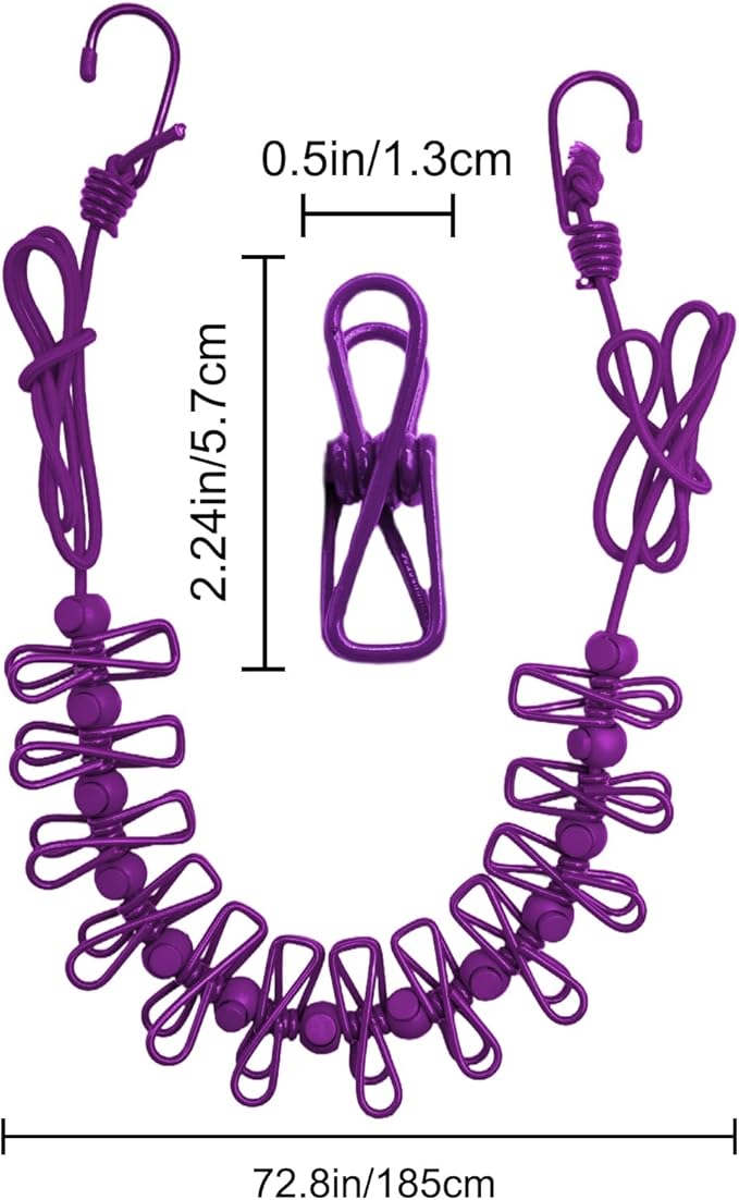 2 Pack Camping Clothesline Portable 12 Clothespins, Purple Camping Accessories Travel Clothesline for Outdoor Indoor, Retractable Clothes Line Elastic Clothesline for Camper Hotel Room