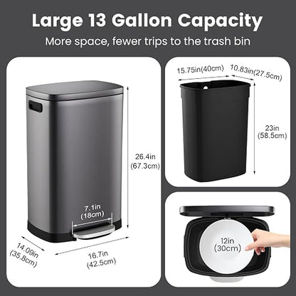 ELPHECO Kitchen Trash Can with Lid Soft Close, 13 Gallon / 50L Stainless Steel - Image 3