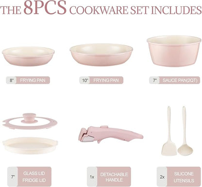 Ceramic Cookware Set Non Stick 8Pcs Pots and Pans Set Removable Handle - Image 2