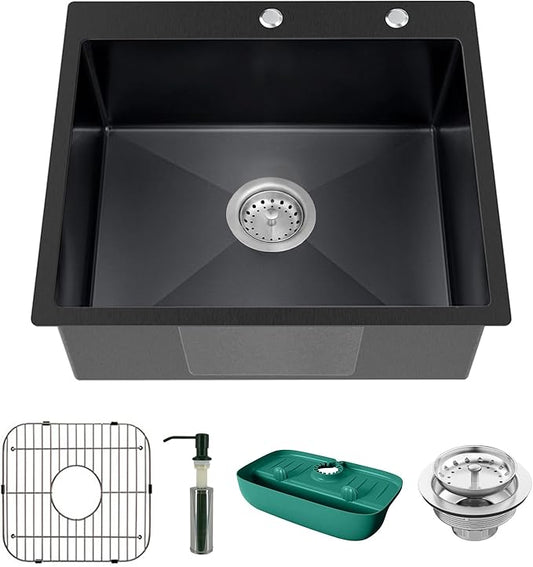 Black Kitchen Sink, Stainless Steel Topmount 25x22x9 Inch Single Bowl Drop In Kitchen Sink Combo- Stainless Grid,Soap Dispenser,Faucet Mat,Drain Strainer Set for Modern Style Kitchen&Bar