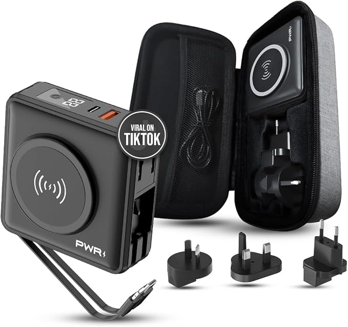 PWR Travel PRO 5-in-1 Power Bank with Case Included– 10,000mAh with Built-in Cables – 20W USB-C + 15W Wireless Charging – Compact Portable Charger for iPhone & Android- Black