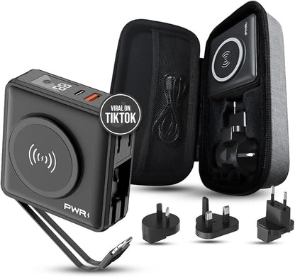 PWR Travel PRO 5-in-1 Power Bank with Case Included– 10,000mAh with Built-in Cables – 20W USB-C + 15W Wireless Charging – Compact Portable Charger for iPhone & Android- Black
