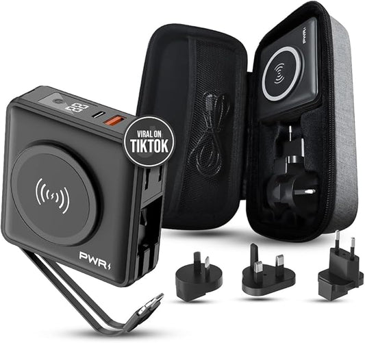 PWR Travel PRO 5-in-1 Power Bank with Case Included– 10,000mAh with Built-in Cables – 20W USB-C + 15W Wireless Charging – Compact Portable Charger for iPhone & Android- Black