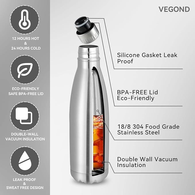 VEGOND 17oz Stainless Steel Water Bottles, Reusable Metal Sports Water Bottle - Image 2