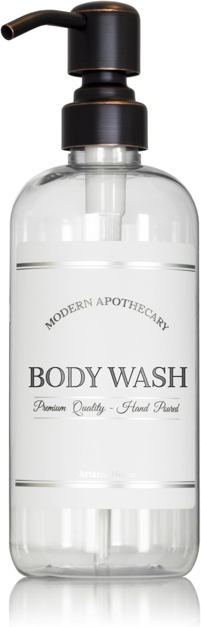 Refillable Clear PET Plastic 16 oz Body Wash Bottle with Oil Rubbed Bronze Pump Dispenser - Chrome Accent Waterproof Labeled Bottle
