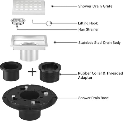 6 Inch Square Shower Drain Chrome, Bathroom Floor Drain, Stainless Steel Drain - Image 4