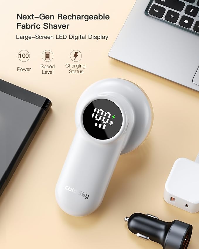 coldSky Rechargeable Fabric Shaver, Lint Shaver with Digital Display, Sweater Shaver with 6-Leaf Blades and Safety Lock, 3-Speeds Defuzzer Remove Fuzz, Pills from Clothes, Furniture, Sofa, White