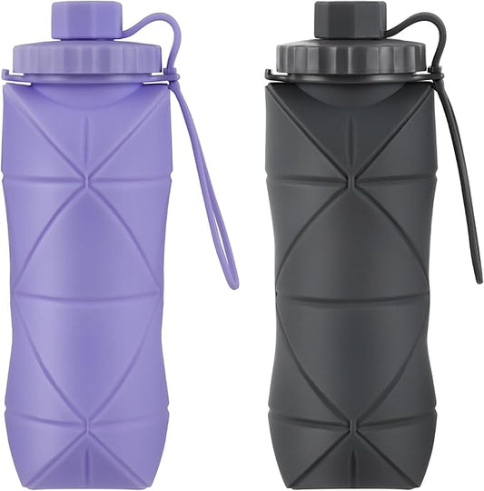 YCT Collapsible Silicone Travel Water Bottle 20oz (600ml), Reuseable Leakproof BPA Free Foldable Sports Bottle, with Carrying Strap, Dark Gray + Purple