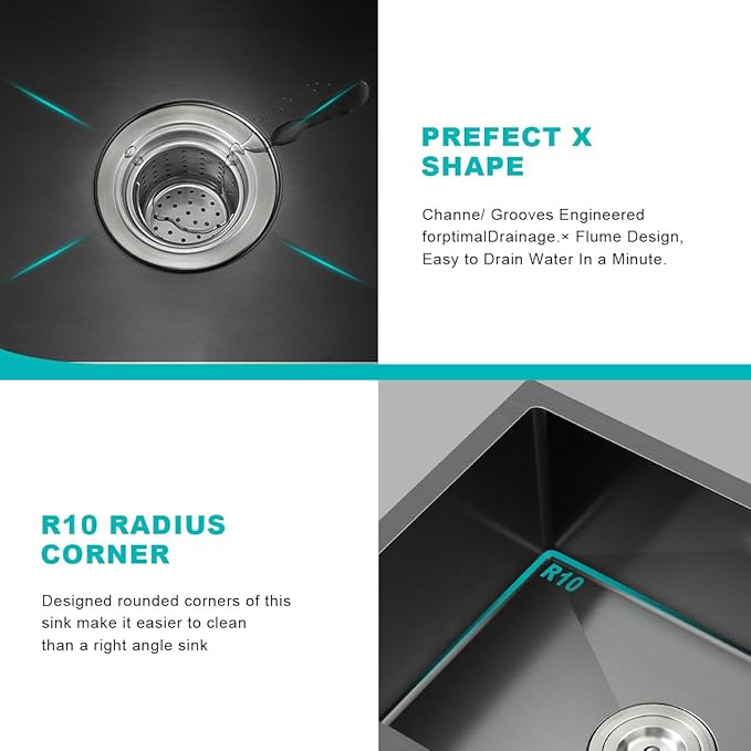 20-inch Undermount Kitchen Sink Black, T304 Stainless Steel Single Bowl Kitchen Sink Undermount, 9-inch Deep Sink Bowl Small Bar Sink, D20"xW16"xH9"