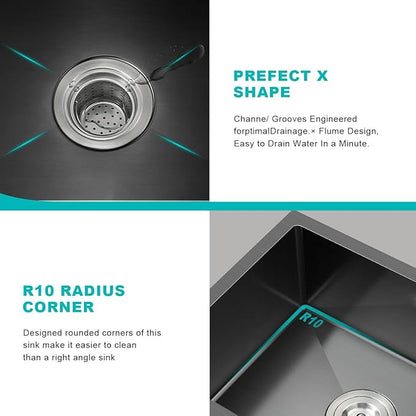 20-inch Undermount Kitchen Sink Black, T304 Stainless Steel Single Bowl Kitchen Sink Undermount, 9-inch Deep Sink Bowl Small Bar Sink, D20"xW16"xH9"